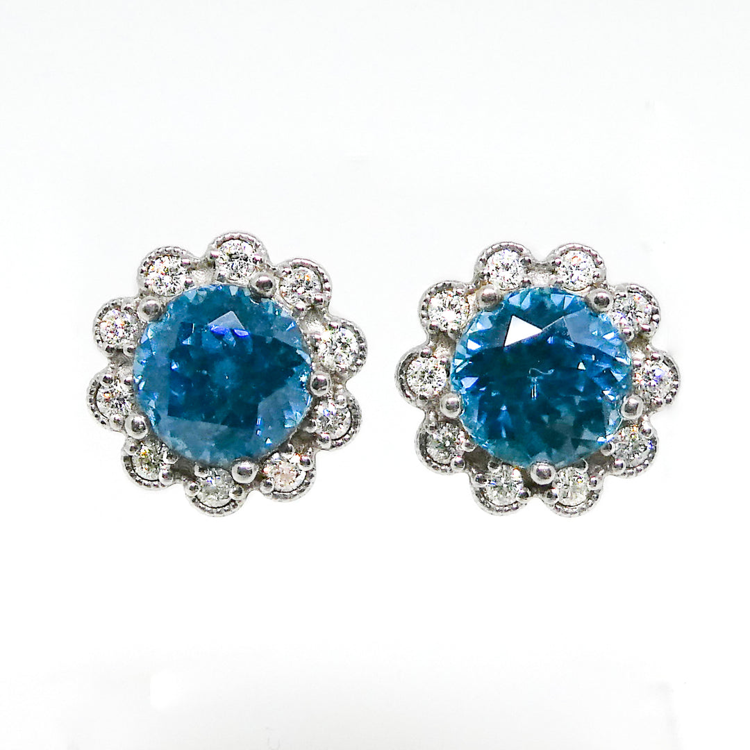 Blue Zircon and Diamond Earrings