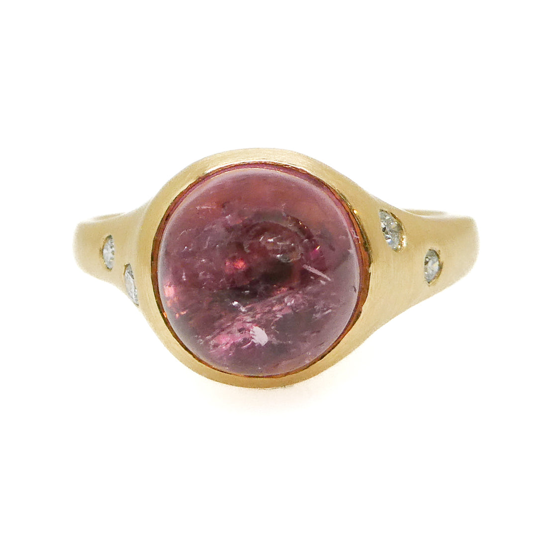 18 Karat Yellow Gold Satin Finish Purple/Pink Topaz and Diamond Accent Ring