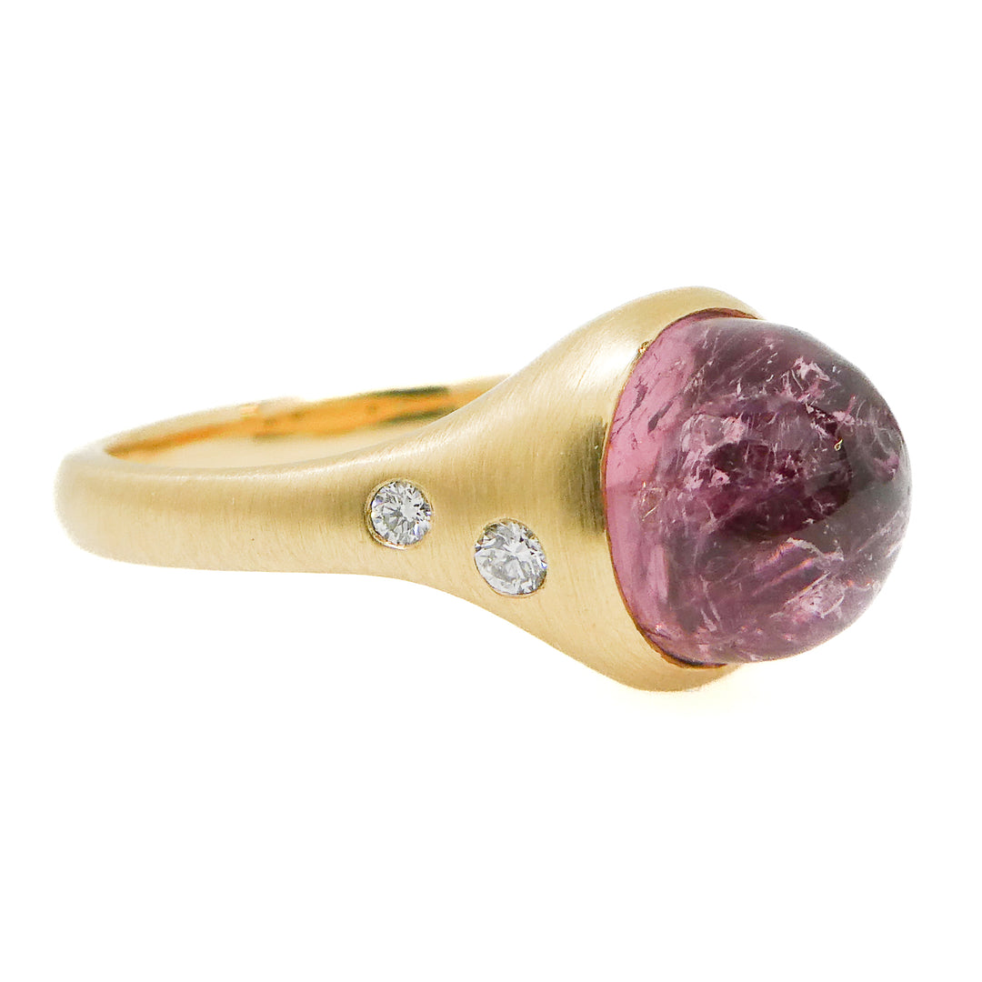 18 Karat Yellow Gold Satin Finish Purple/Pink Topaz and Diamond Accent Ring