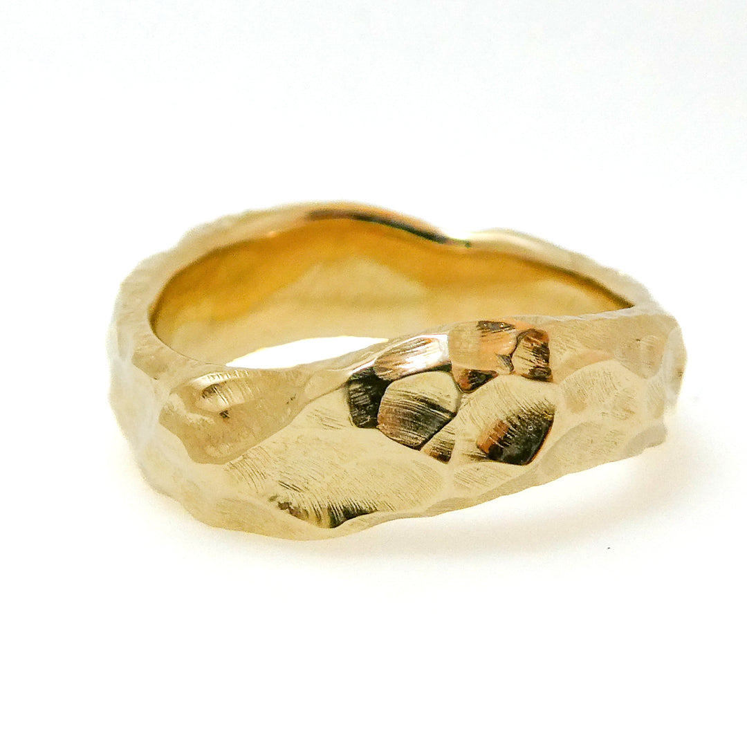 14 Karat Yellow Gold Hand Carved Textured Wavy Band
