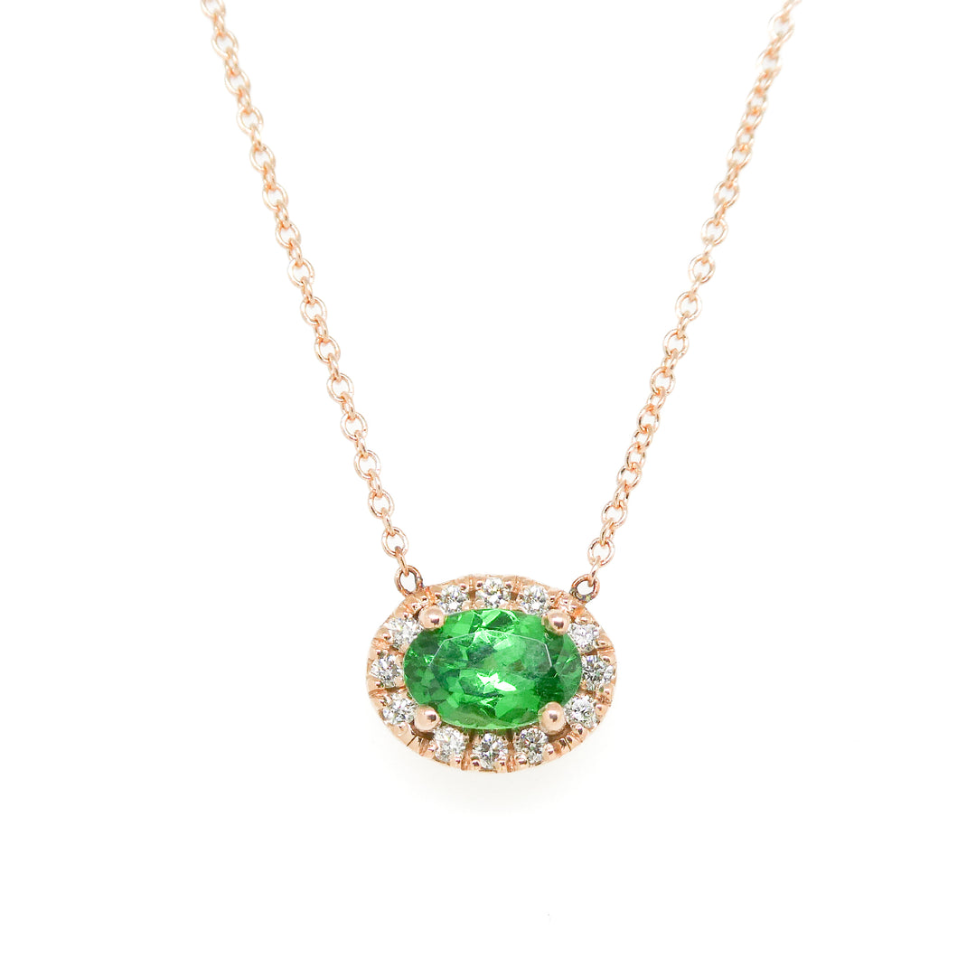 Tsavorite and Diamond Halo Necklace in Rose Gold
