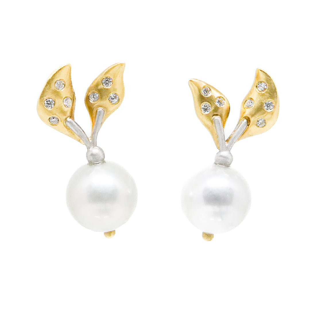 Anatoly Novik Leaf Pearl and Diamond Earrings