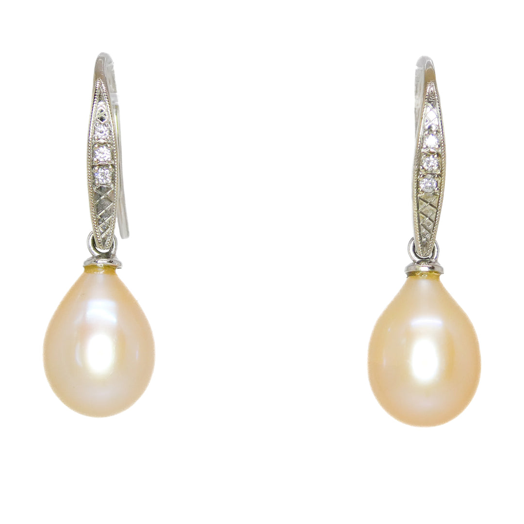Hand Engraved Pearl and Diamond Accent Earrings