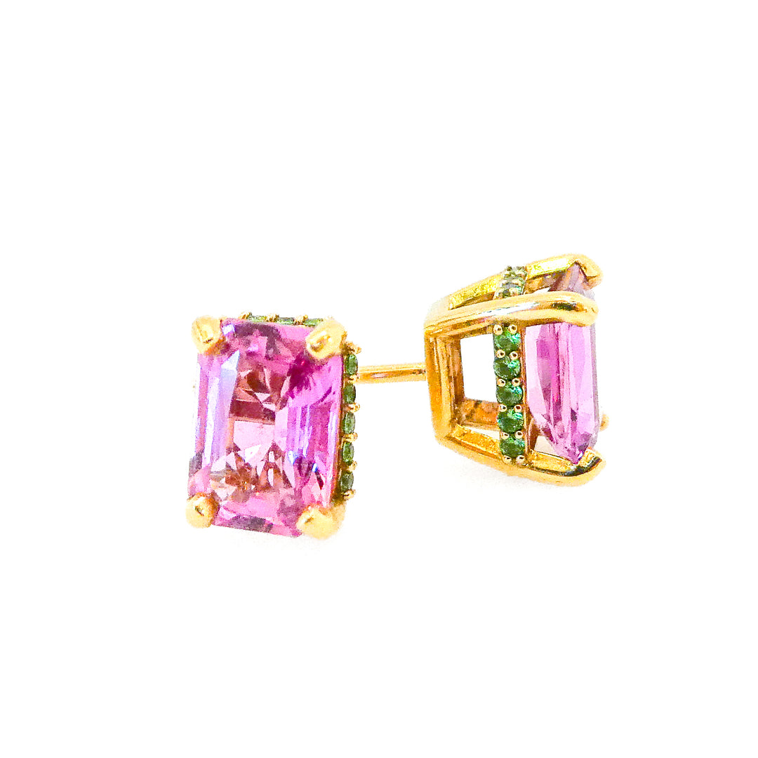 14 karat yellow gold pink sapphire and green garnet earrings