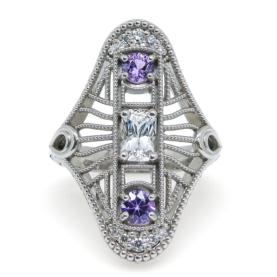 Art Deco Purple and White Sapphire with Diamond Accents Ring