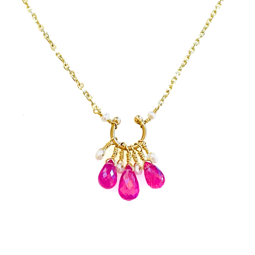 Pink Sapphire and Pearl Drop Necklace