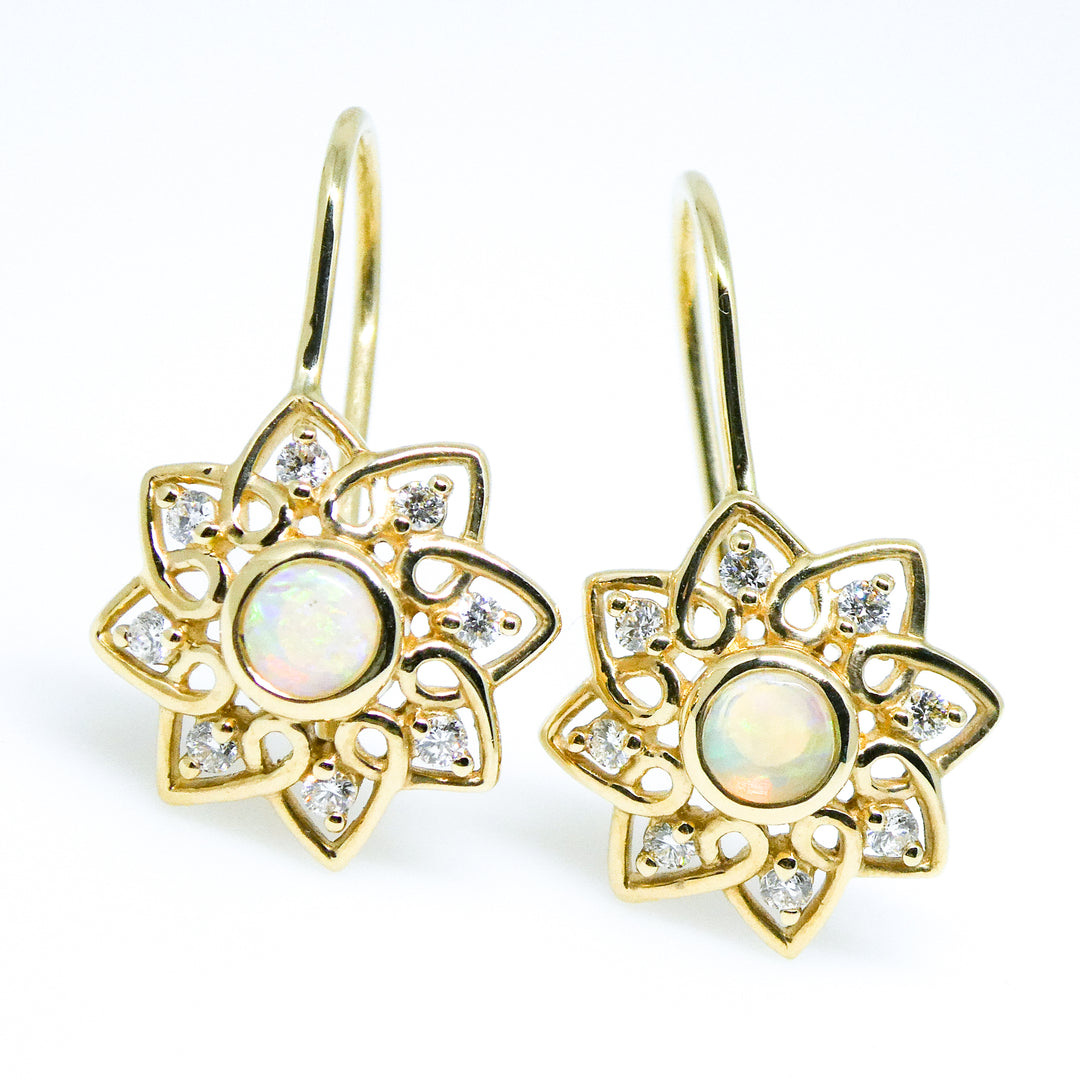 14 Karat Yellow Gold Opal and Diamond Floral Design Dangle Earrings