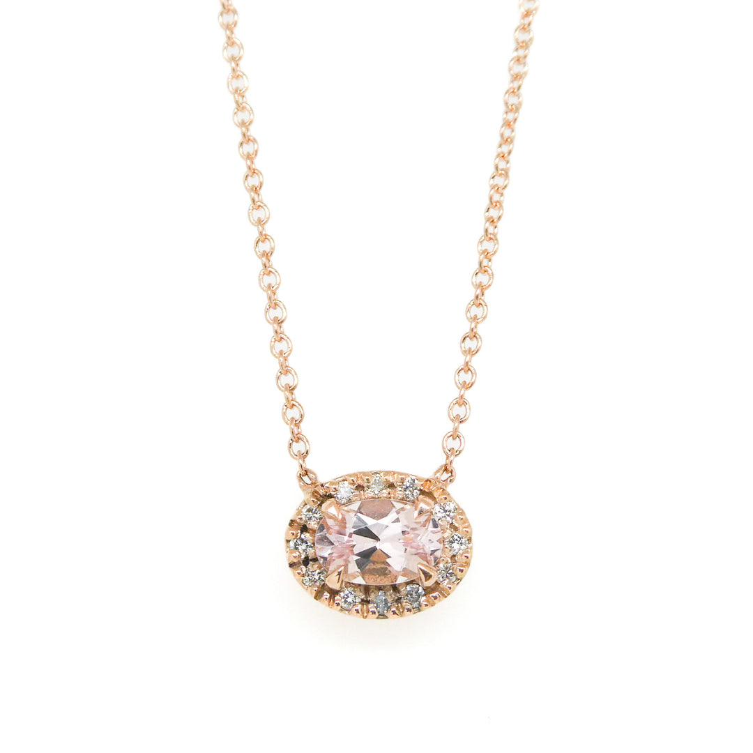 Morganite and Diamond Halo Rose Gold Necklace