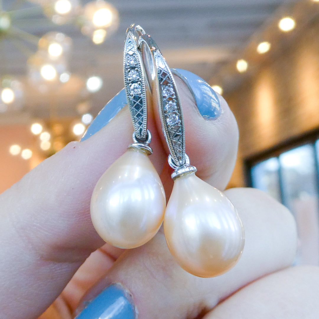 Hand Engraved Pearl and Diamond Accent Earrings